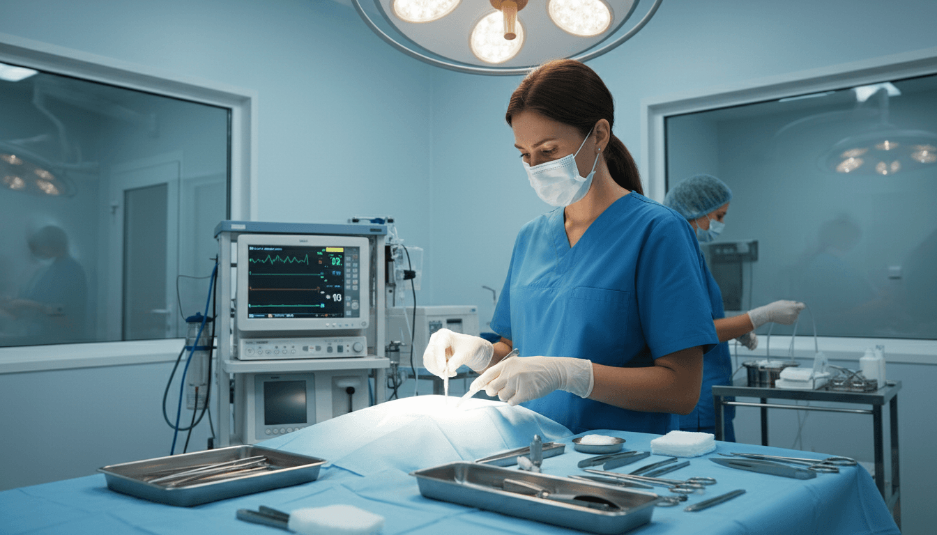 Surgical instruments ready in a sterile veterinary operating room