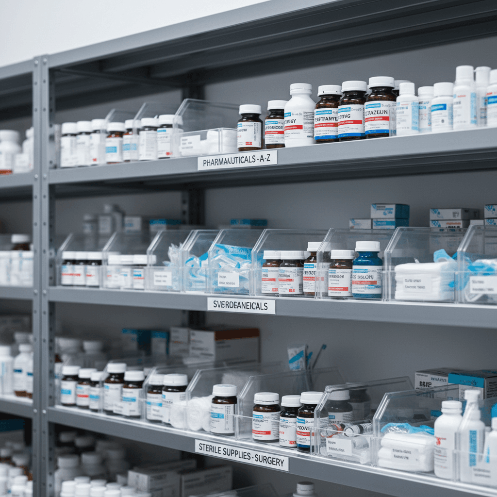 A clinical, professional aesthetic tight close-up shot of organized medical supplies and pharmaceutical storage at Pawia Pet Healthcare.