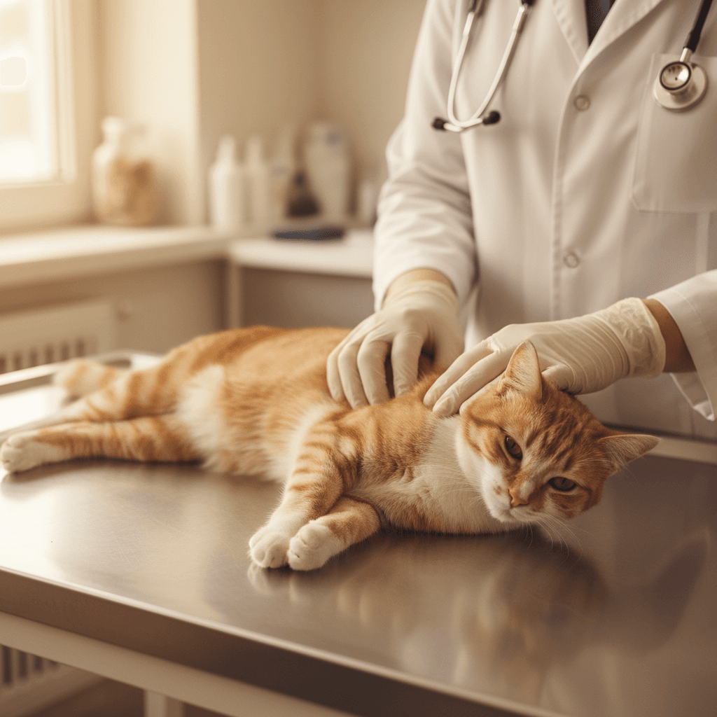 Veterinarian examining cat during wellness check
