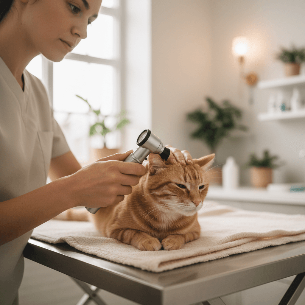 Veterinarian examining cat during wellness exam