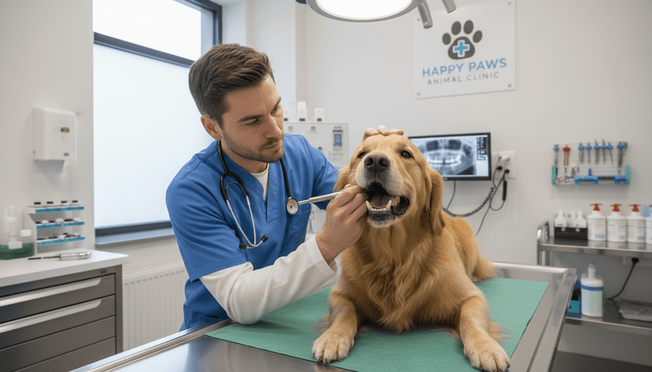 Dental care for a dog in a veterinary examination room