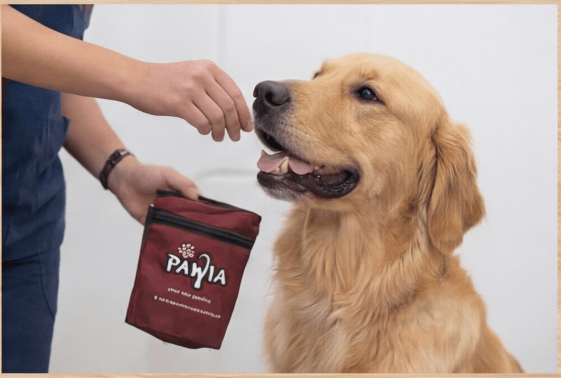 Person feeding a golden retriever a treat from a red Pawia brand treat pouch.